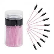 CHEFBEE 100PCS Disposable Eyelash Brush, Mascara Wands Makeup Brushes Applicators Kits for Eyelash Extensions and Eyebrow with Container (Pink Black)