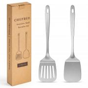 ChefBee 2PCS Metal Spatula Set - Stainless Steel Spatula Solid & Slotted Turner Flipper for Kitchen Use, Heat Resistant Kitchen Cooking Utensils for Flipping Fish, Eggs, Pancakes, Dishwasher Safe